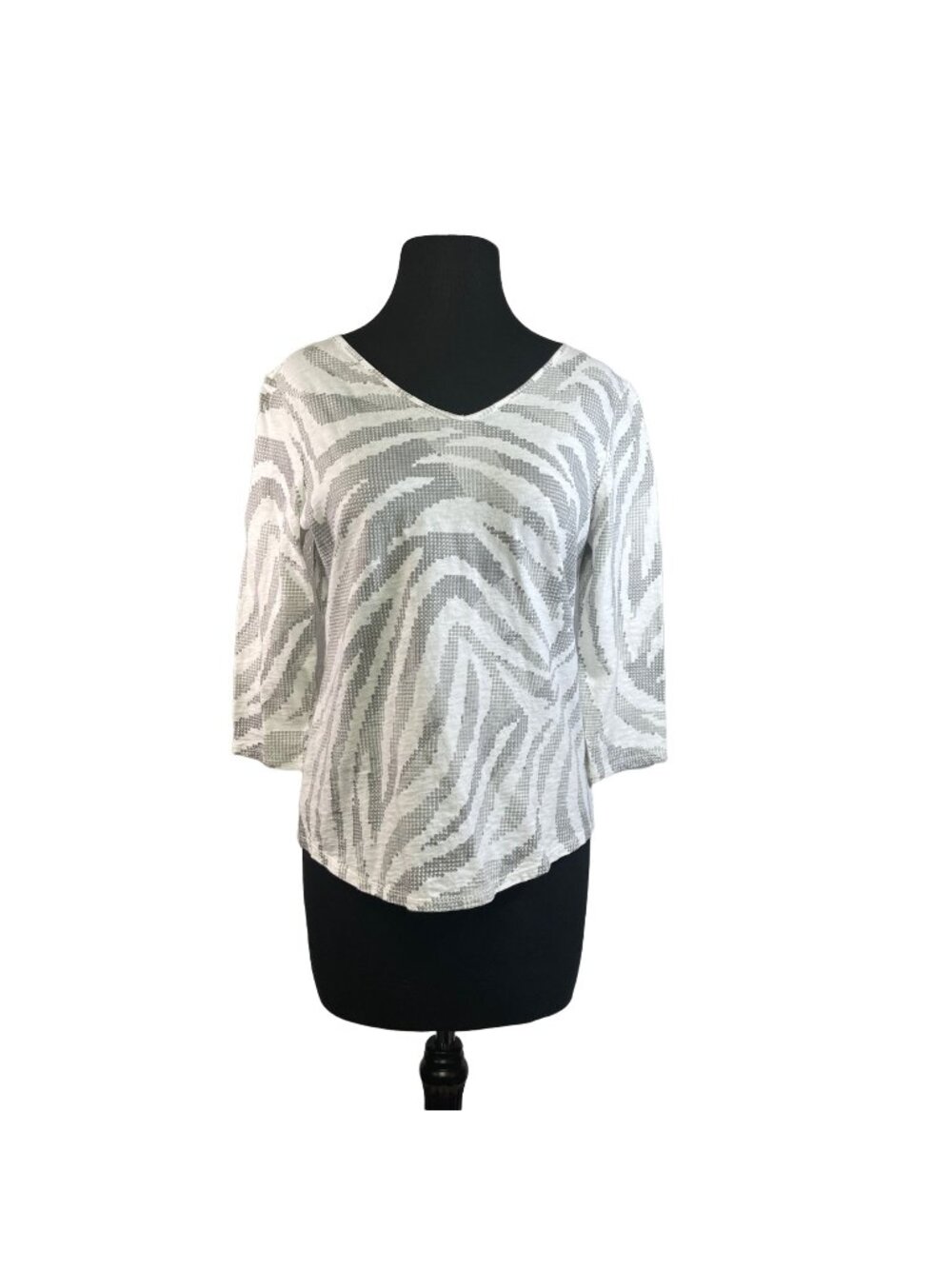 Chicos Womens Size 0 V-Neck Zebra Print Cotton Long Sleeve Pullover Top Gray